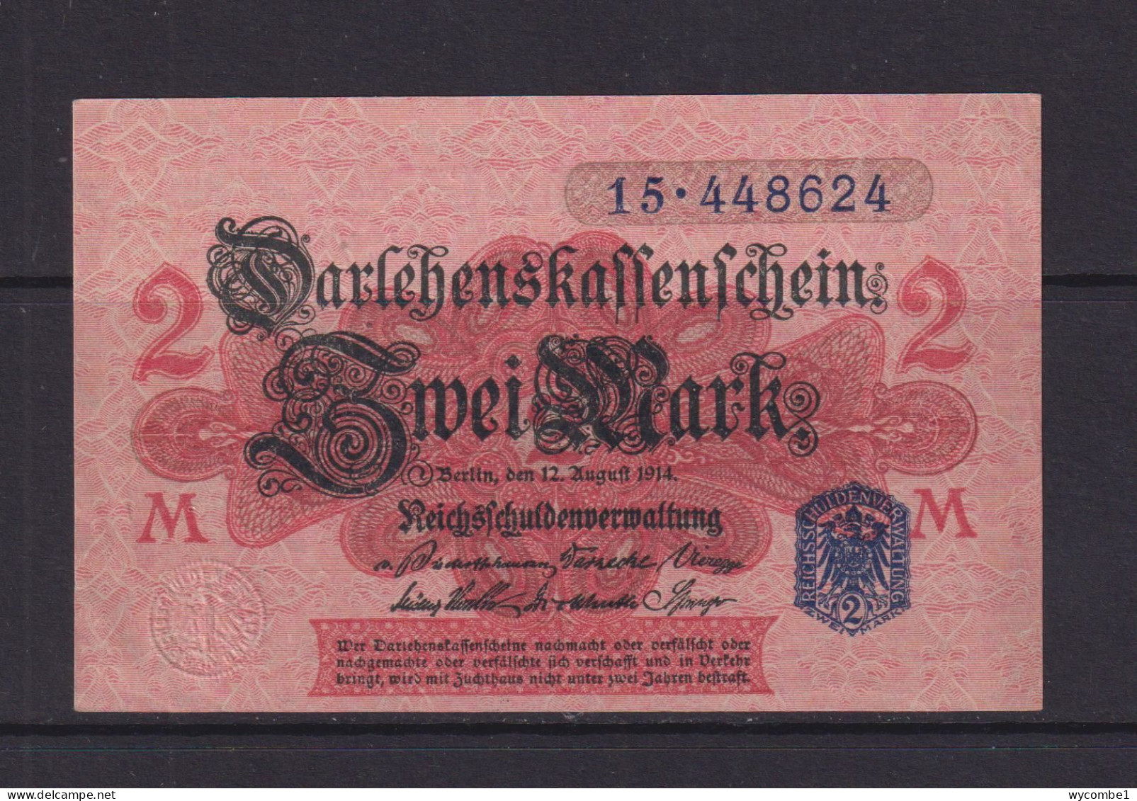 GERMANY - 1914  Darlehenskassenschein 2 Mark AUNC Banknote - 20 Mark