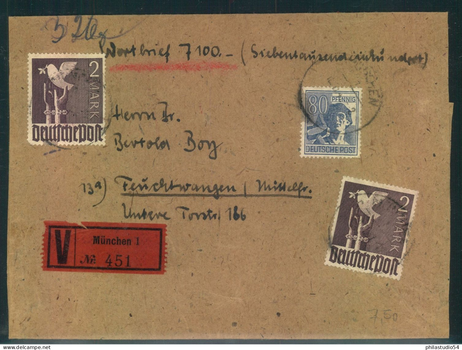 1947, Wertbrief über 7.100 Mark Ab München - Briefe U. Dokumente