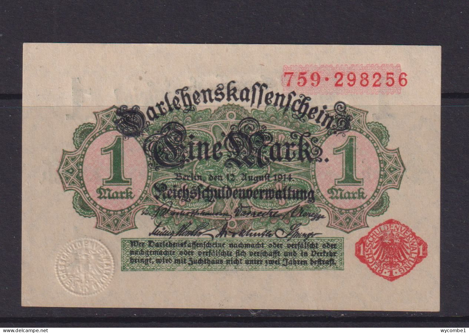 GERMANY - 1914  Darlehenskassenschein 1 Mark AUNC Banknote - Sonstige & Ohne Zuordnung