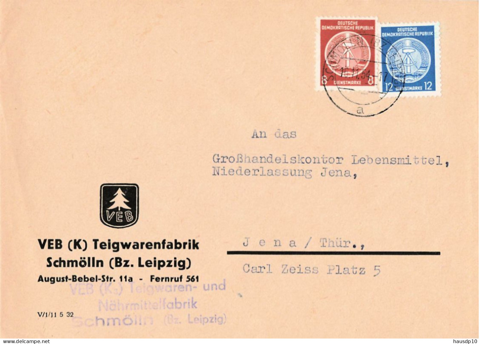 DDR Brief ZKD Dienst Mif VEB  Teigwarenfabrik Schmölln 1954 - Briefe U. Dokumente