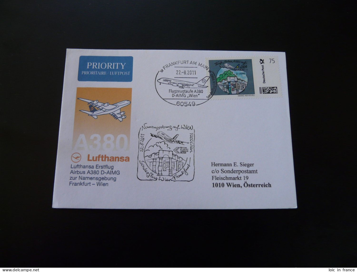 Lettre Premier Vol First Flight Cover Frankfurt Wien Airbus A380 Marke Individuell Lufthansa 2011 - Timbres Personnalisés