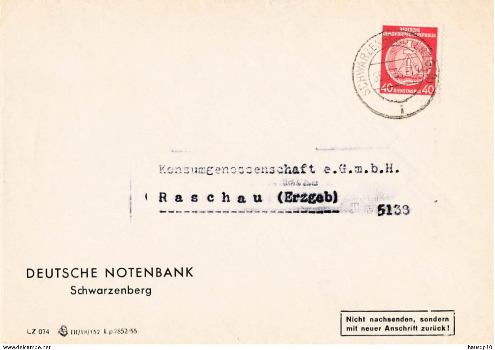 DDR Brief ZKD Dienst EF Deutsche Notenbank Schwarzenberg 1955 - Brieven En Documenten