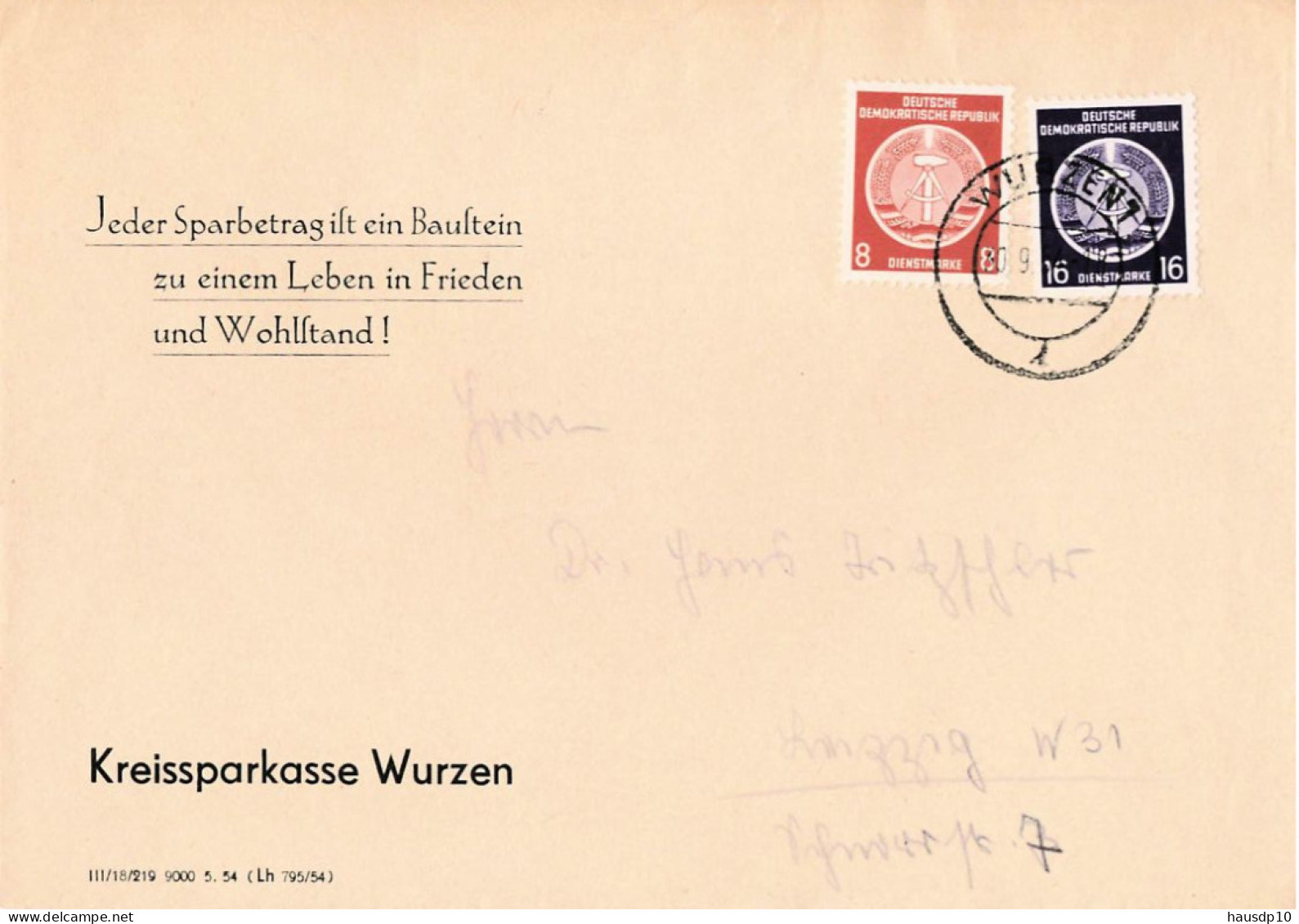 DDR Brief ZKD Dienst MIF Kreissparkasse Wurzen 1954 - Storia Postale