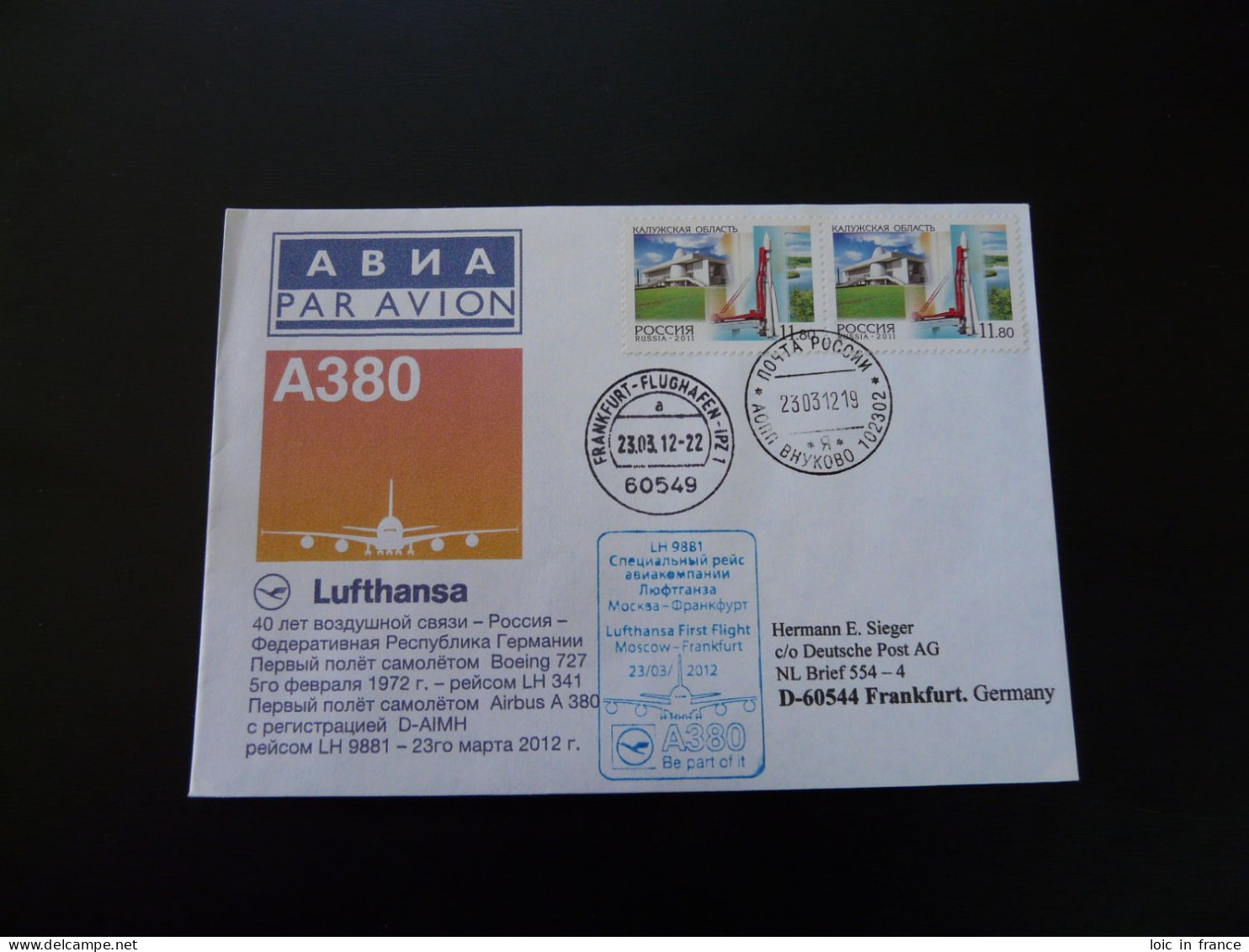 Lettre Premier Vol First Flight Cover Moscow Frankfurt Airbus A380 Lufthansa 2012 - Lettres & Documents