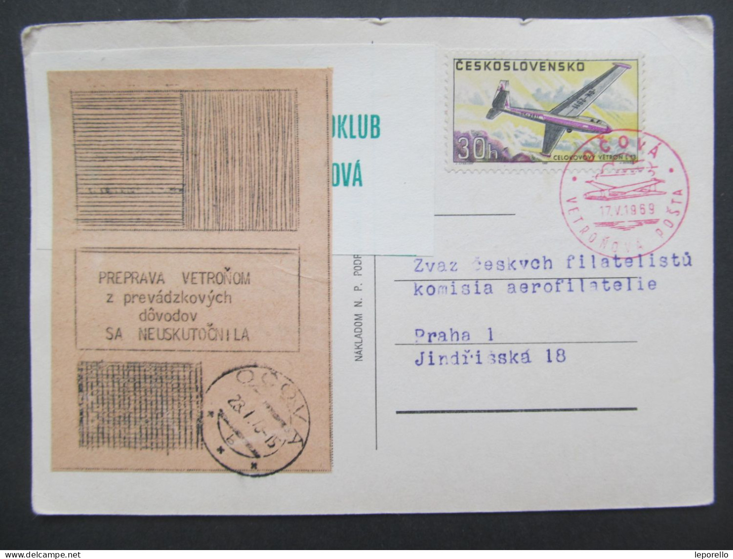 KARTE OČOVÁ Větroňová Pošta 1969 - Neuskutečněný Let Segelflugzeug Glider Post // P2705 - Cartas & Documentos