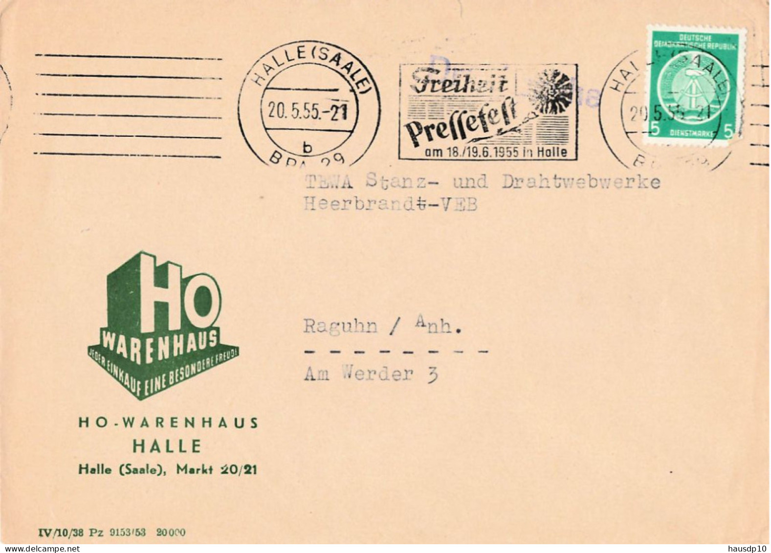 DDR Brief ZKD Dienst EF HO Warenhaus Halle 1955 - Covers & Documents