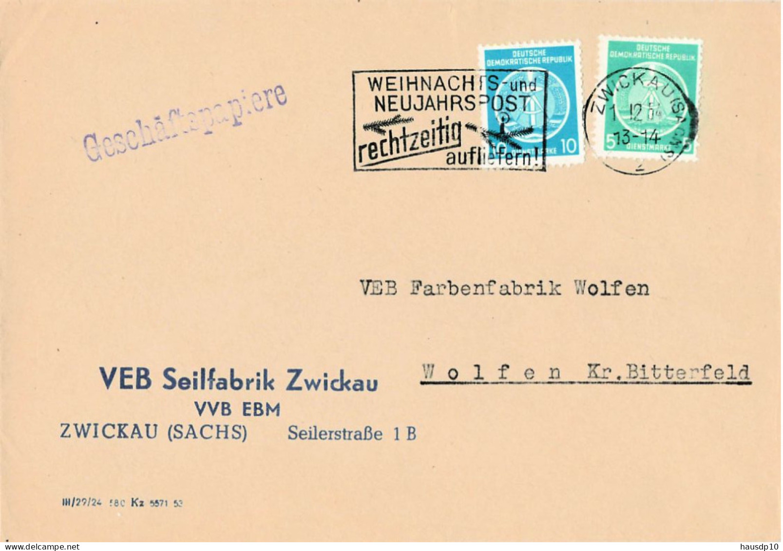 DDR Brief ZKD Dienst MIF VEB Seifenfabrik Zwickau 1954 - Lettres & Documents