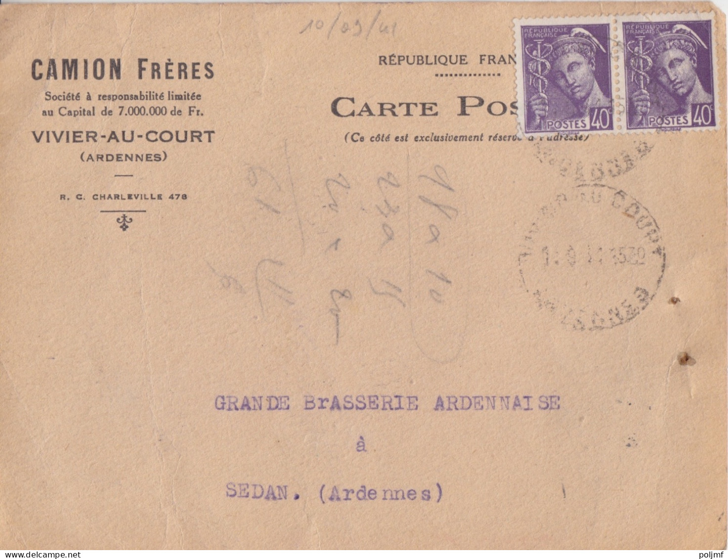 CP "Camion Fréres" Obl. Vivier Au Court Le 10/9/41 Sur 40c X 2 Mercure N° 413 (tarif Du 1/12/39) Pour Sedan - 1938-42 Mercure