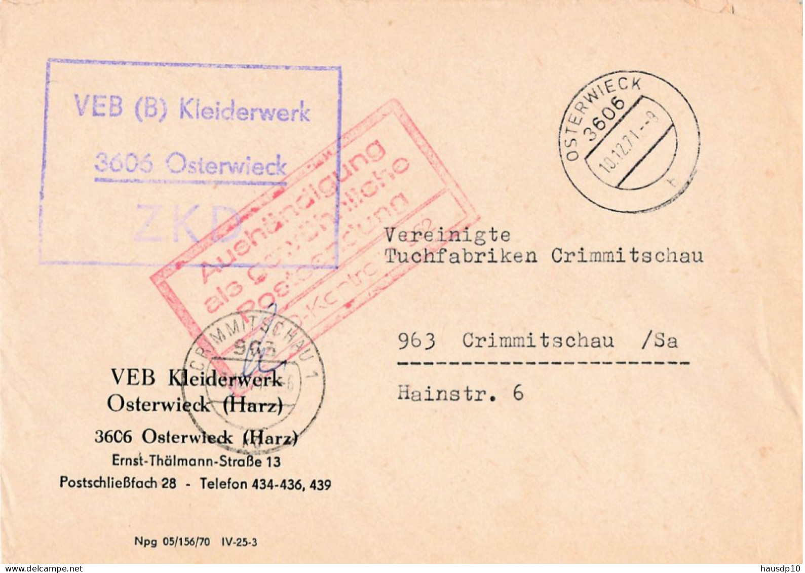 DDR ZKD Brief VEB Kleiderwerk Osterwieck 1971 - Brieven En Documenten