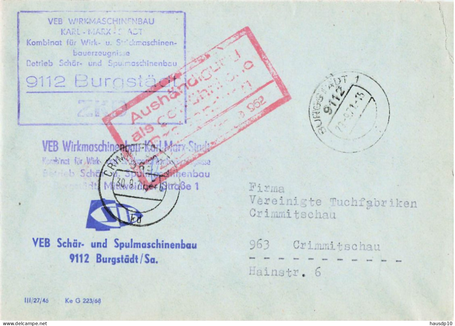 DDR ZKD Brief VEB Wirkmaschinenbau Spulmaschinenbau Burgstädt 1971 - Centrale Postdienst
