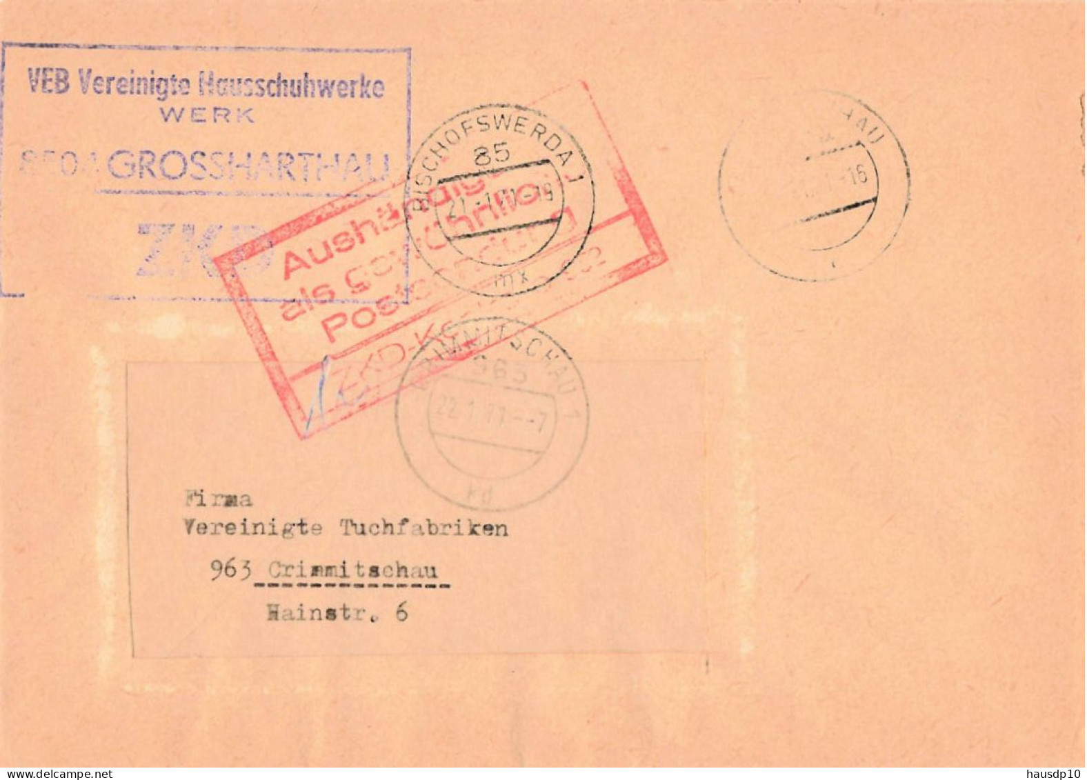 DDR ZKD Brief VEB Vereinigte Hausschuhwerke Grossharthau 1971 - Centrale Postdienst