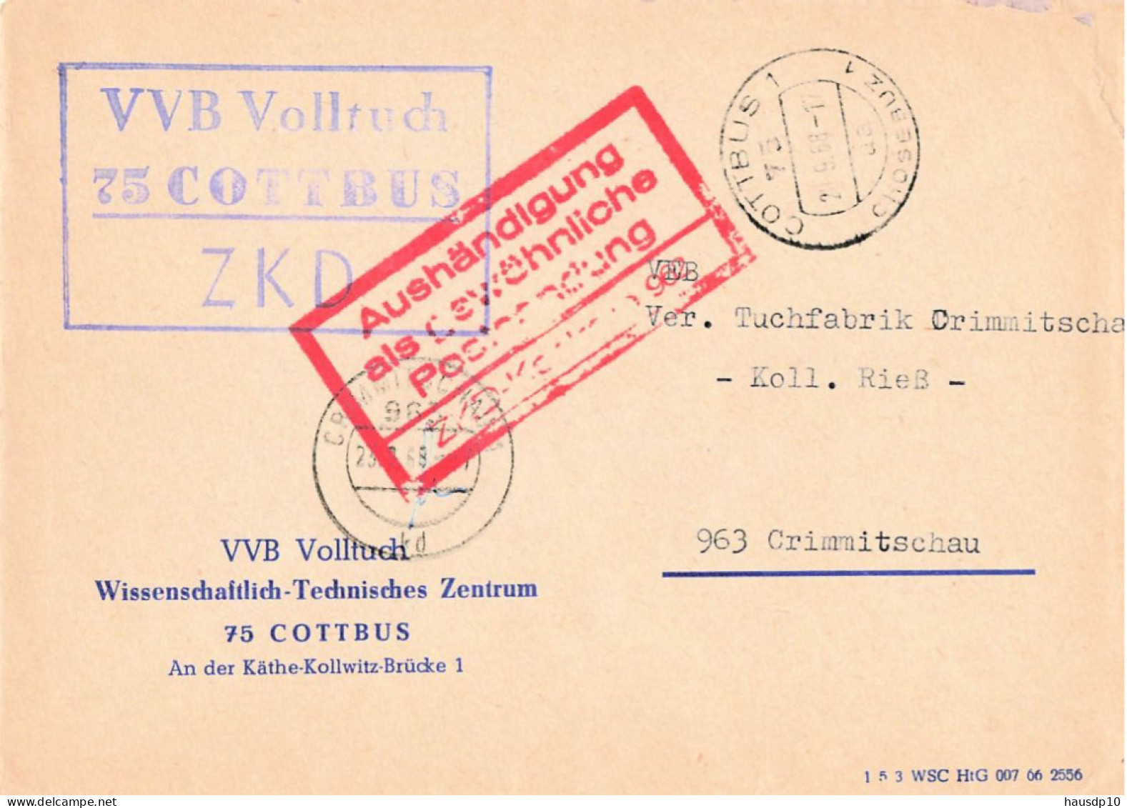 DDR ZKD Brief VVB Volltuch Cottbus 1968 - Servicio Central De Correos