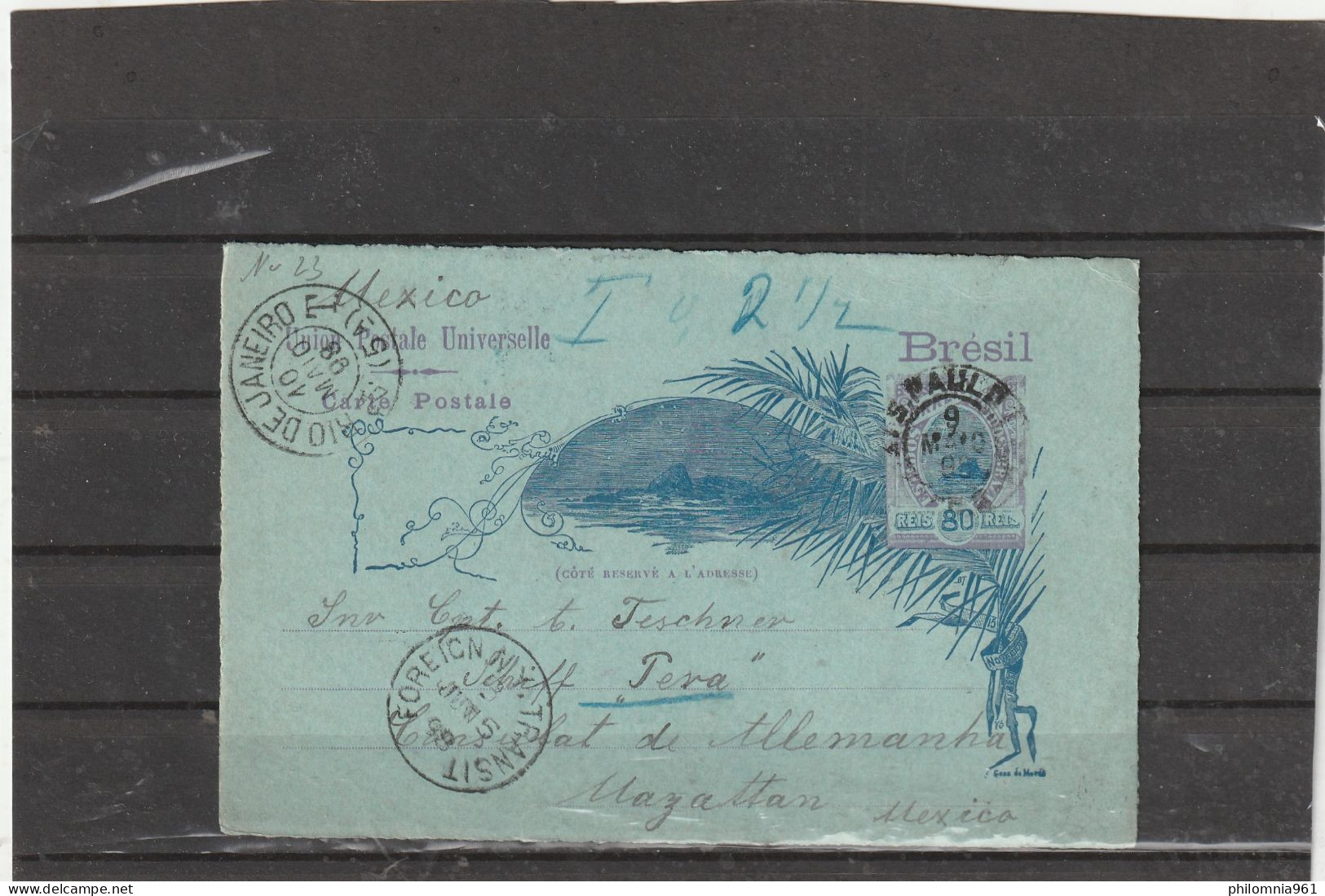 Brazil Sao Paulo POSTAL CARD Via NY USA To SHIP PERA In Mexico 1898 - Lettres & Documents