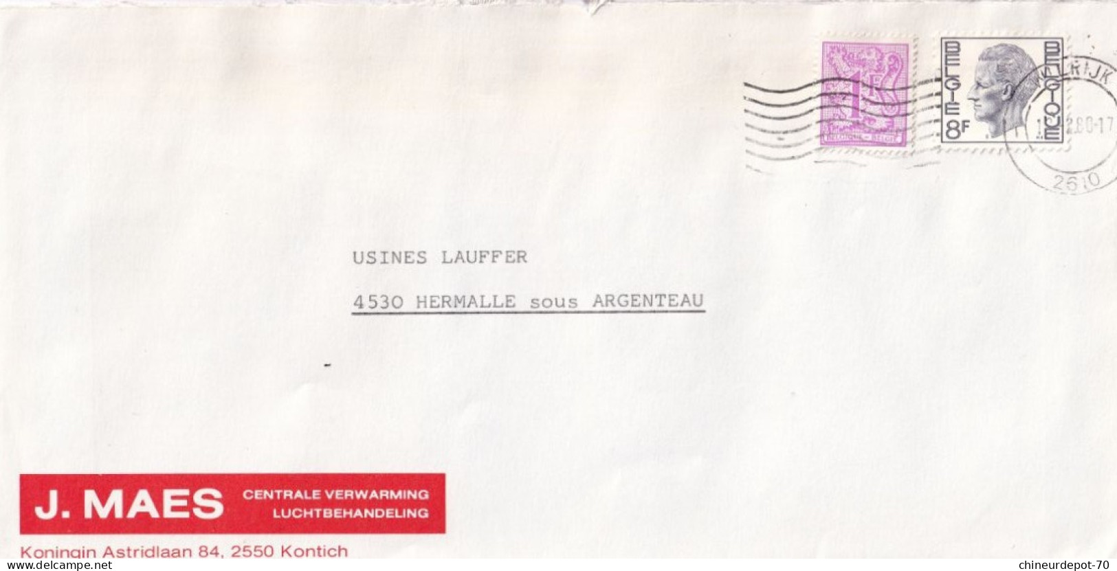 Enveloppe Oblitéré  J. Maes Traitement De L'air Du Chauffage  Central L Avenue Koningin Astrid 84, 2550 Kontich 1980 - Lettres & Documents