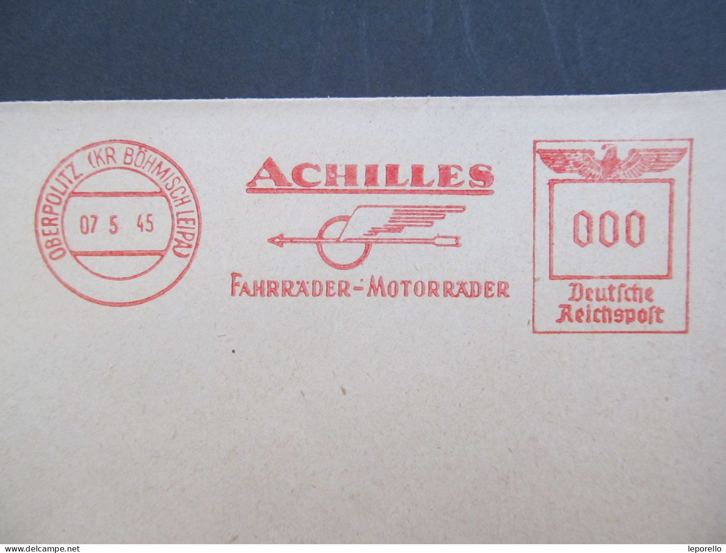 BRIEF Oberpolitz Česká Lípa Police Achilles 7.5.1945 DATUM !! Frankotype Postfreistempel Sudetenland // P2687 - Sudetenland