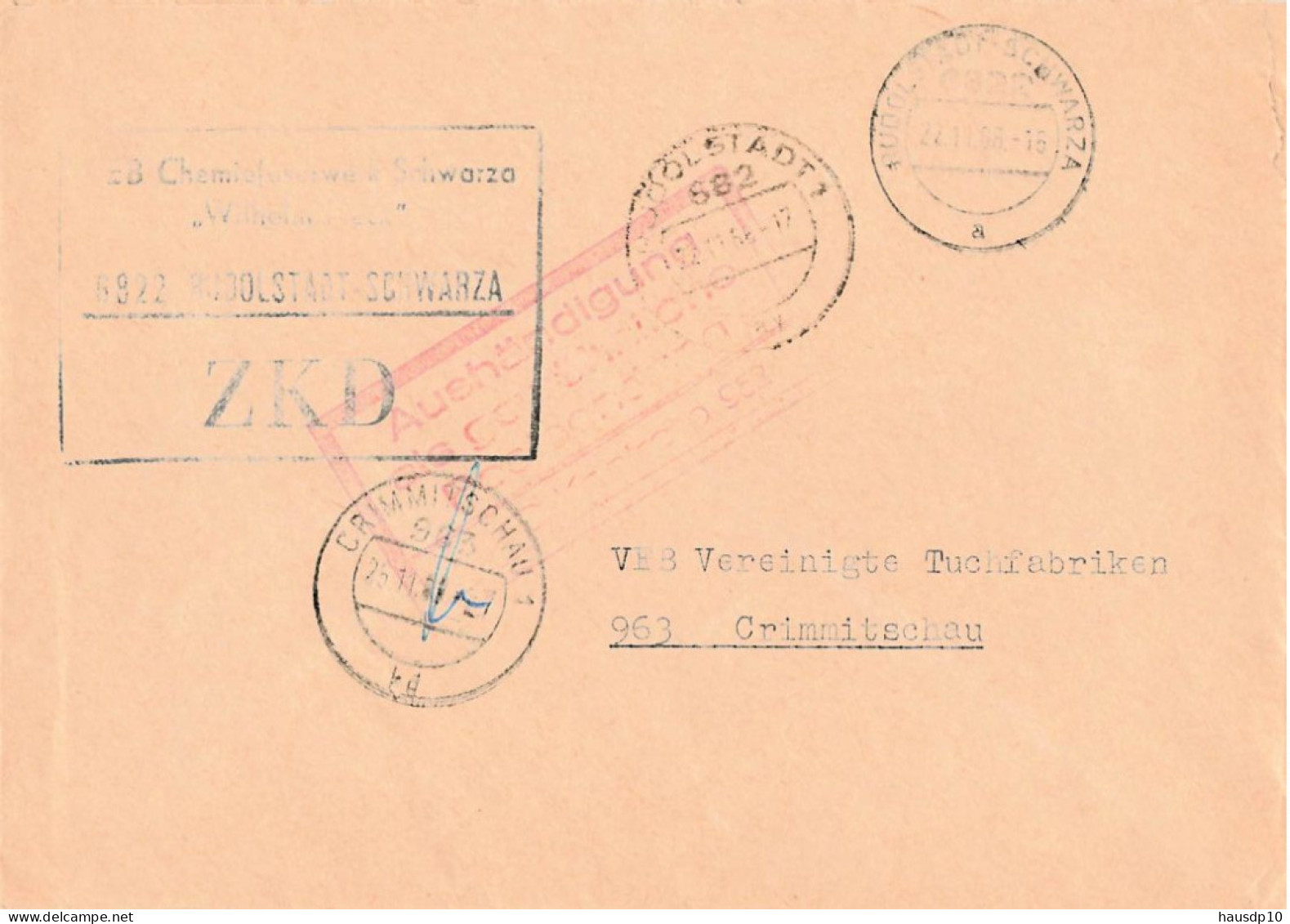 DDR ZKD Brief VEB Chemiefaserwerk Schwarza Wilhelm Pieck Rudolstadt Schwarza 1968 - Central Mail Service