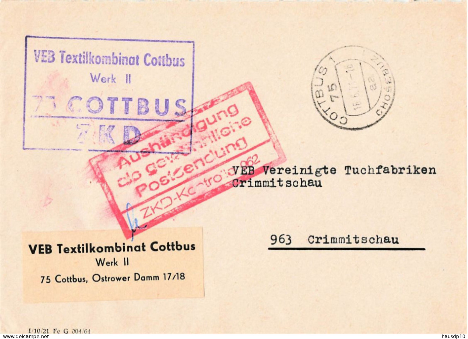 DDR ZKD Brief VEB Textilkombinat Cottbus Werk II 1971 - Centrale Postdienst