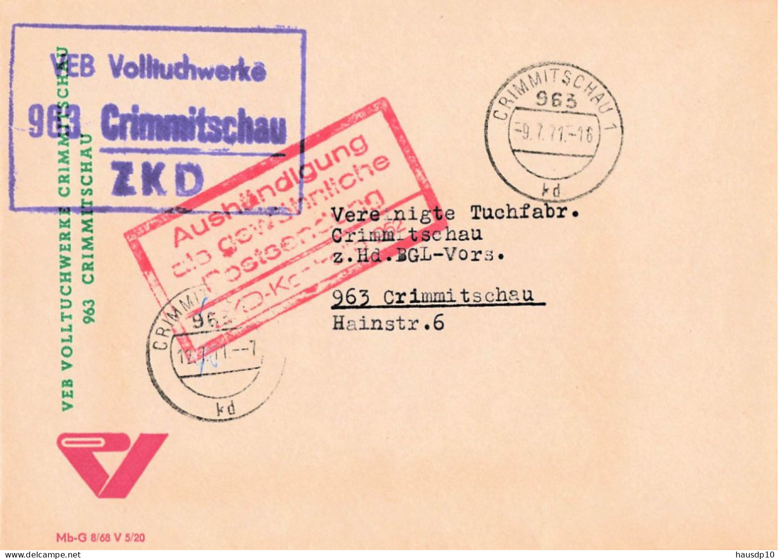 DDR ZKD Brief VEB Volltuchwerke Crimmitschau 1971 - Service Central De Courrier