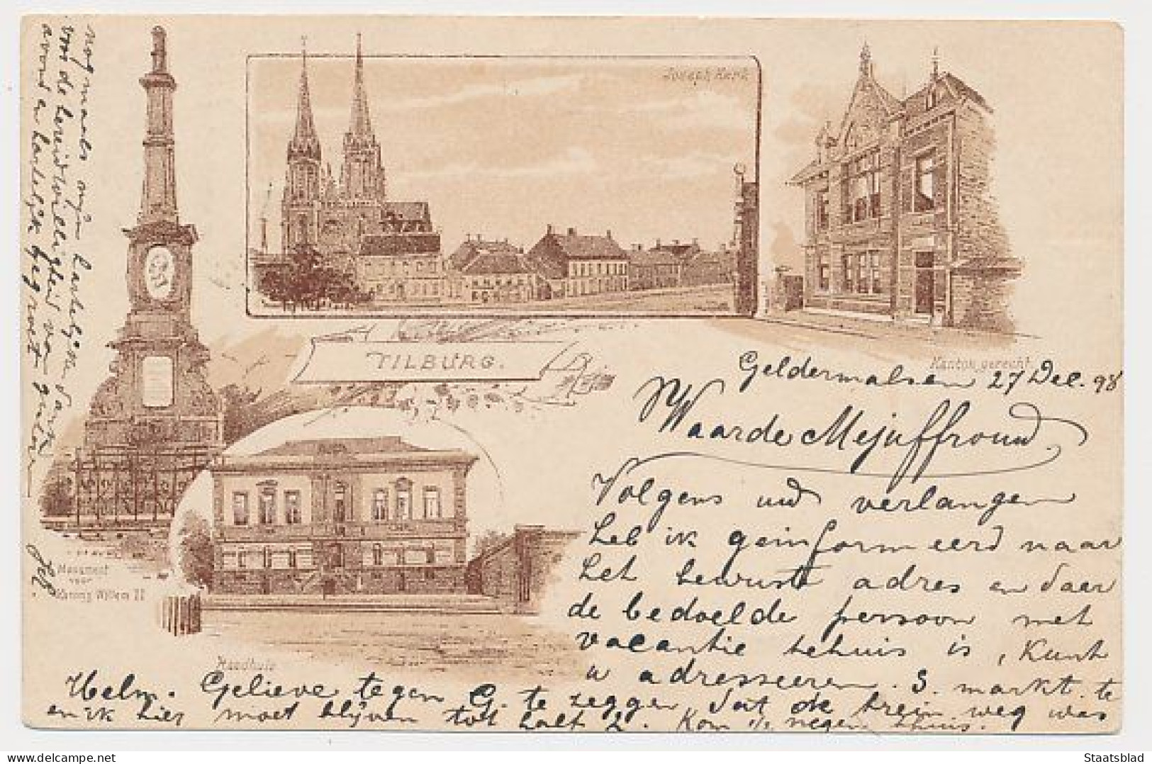 10- Prentbriefkaart Tilburg 1898 - Raadhuis - Kantongerecht - Kleinrondstempel Geldermalsen Station - Tilburg
