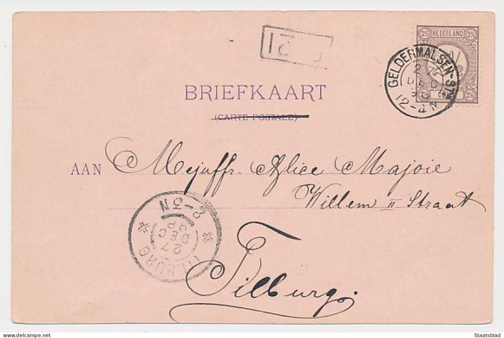 10- Prentbriefkaart Tilburg 1898 - Raadhuis - Kantongerecht - Kleinrondstempel Geldermalsen Station - Tilburg