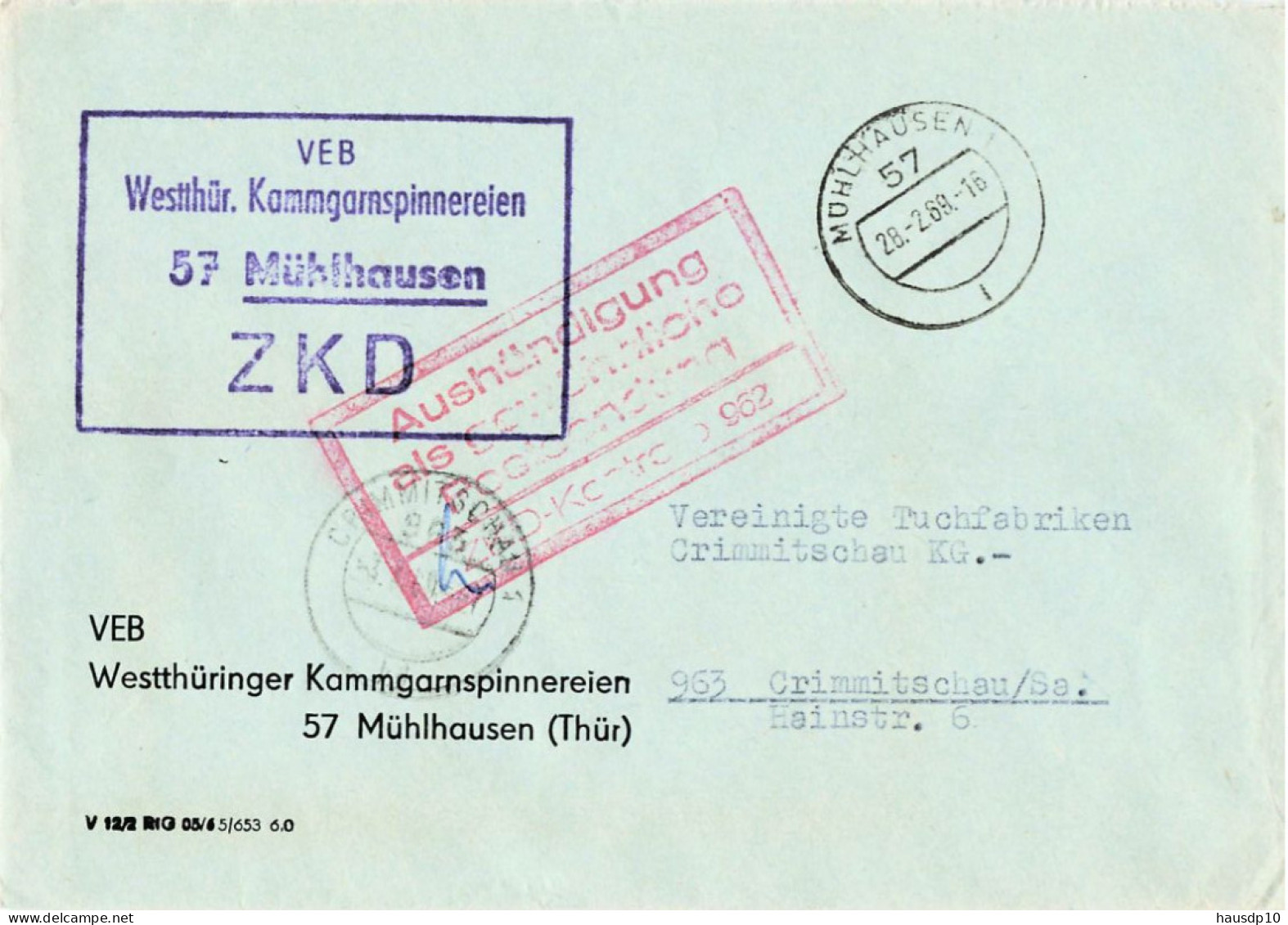 DDR ZKD Brief VEB Westthüringer Kammgarnspinnereien Mühlhausen 1968 - Centrale Postdienst