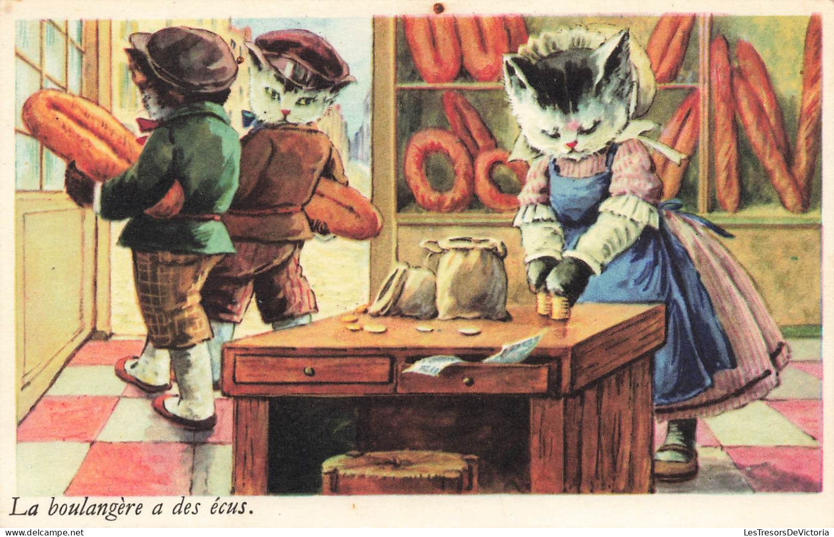 FANTAISIE - Animaux Habillés - La Boulangère à Ses écus - Chats - Carte Postale Ancienne - Dressed Animals