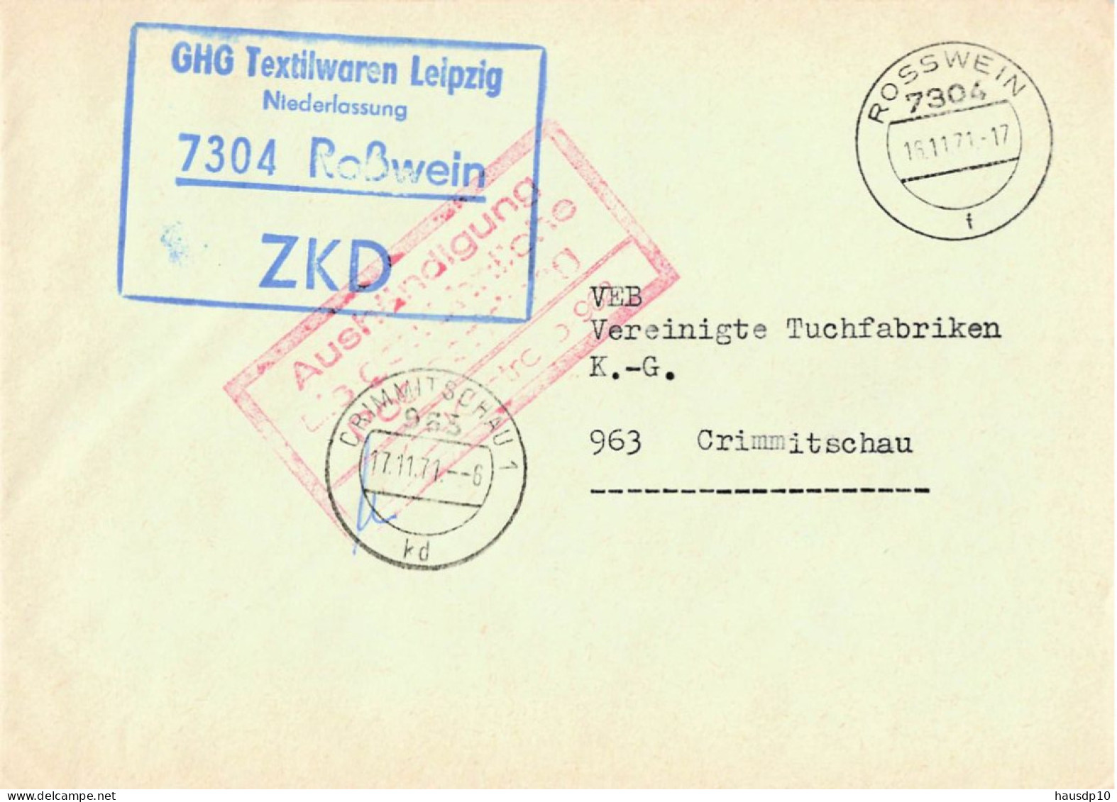 DDR ZKD Brief GHG Textilwaren Leipzig Roßwein 1971 - Centrale Postdienst