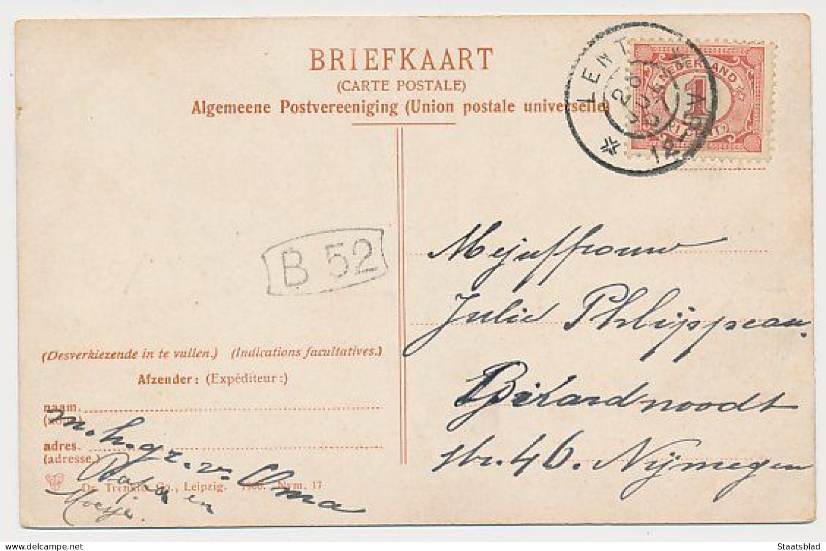 11- Prentbriefkaart Nijmegen 1907 - Gierpont - Grootrondstempel Lent - Nijmegen