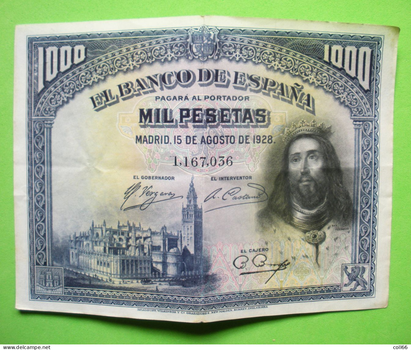 1928 Billete El Banco De Espana 1000 Pesetas Bon état Franco Deport Pour Europe N°1.167.036 - 1000 Peseten
