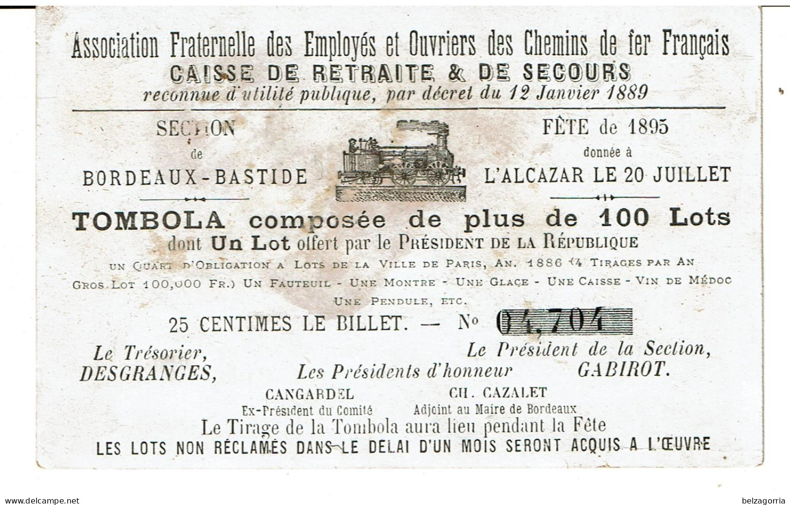 ASSOCIATION FRATERNELLE Des EMPLOYES Et OUVRIERS Des CHEMINS De FER FRANCAIS - FÊTE De 1895 - TRES RARE - Chemin De Fer