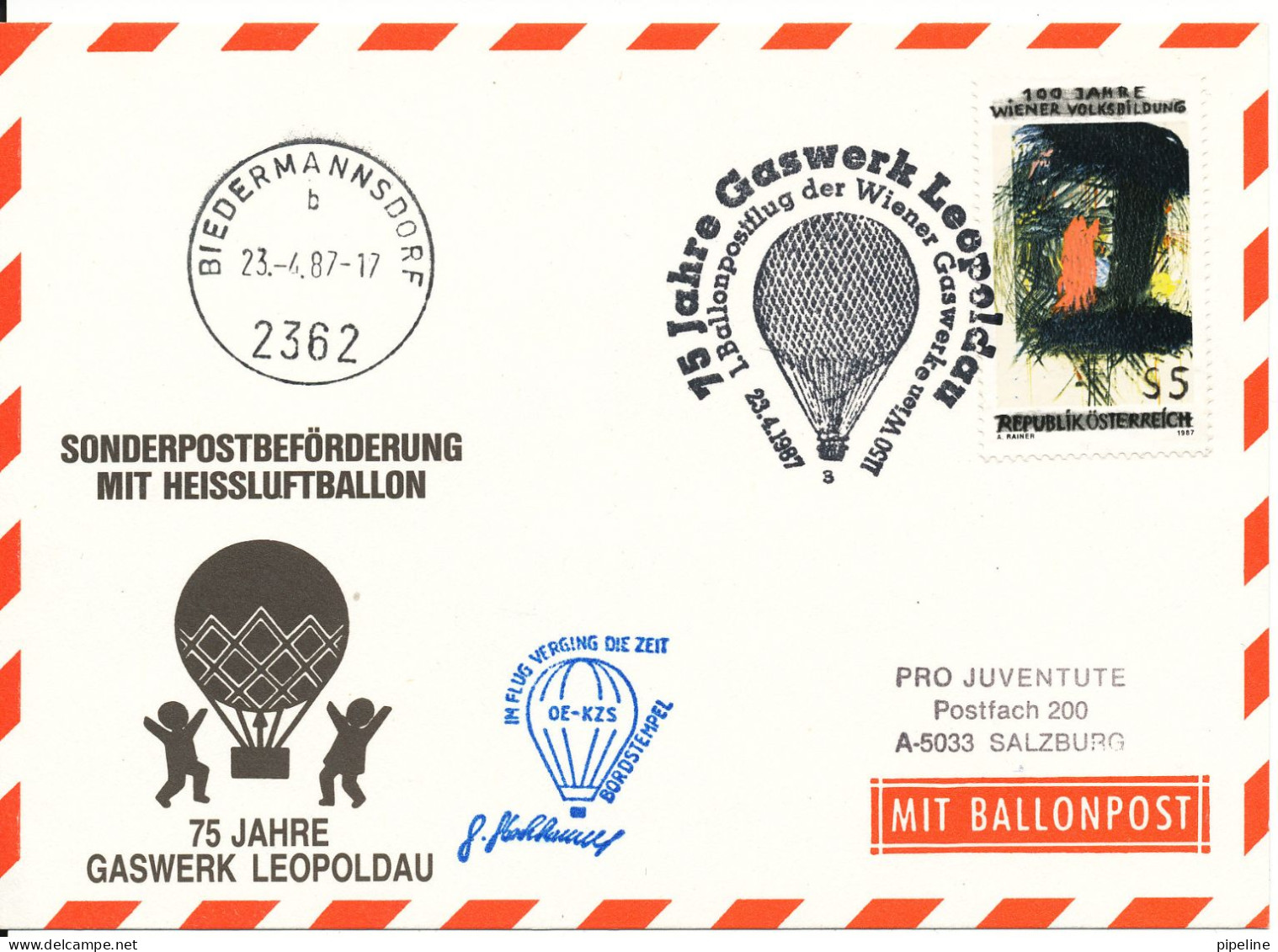 Austria Balloonflight Postcard 75th Anniversary Gaswerk Leopoldu Biedermannsdorf 23-4-1987 - Ballonpost