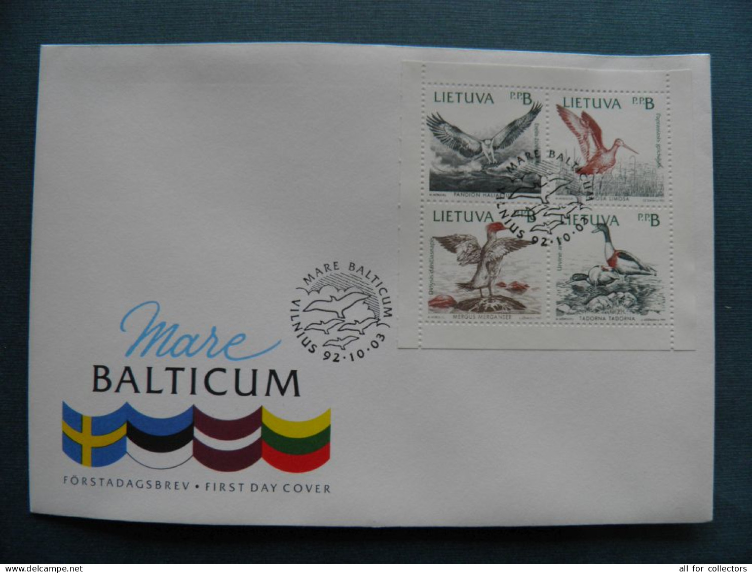 FDC Cover LITHUANIA Baltic Sea BIRDS Joint Issue Sweden Estonia Latvia Animals Oiseaux Mare Balticum 1992 Mi.501/504 - Estland