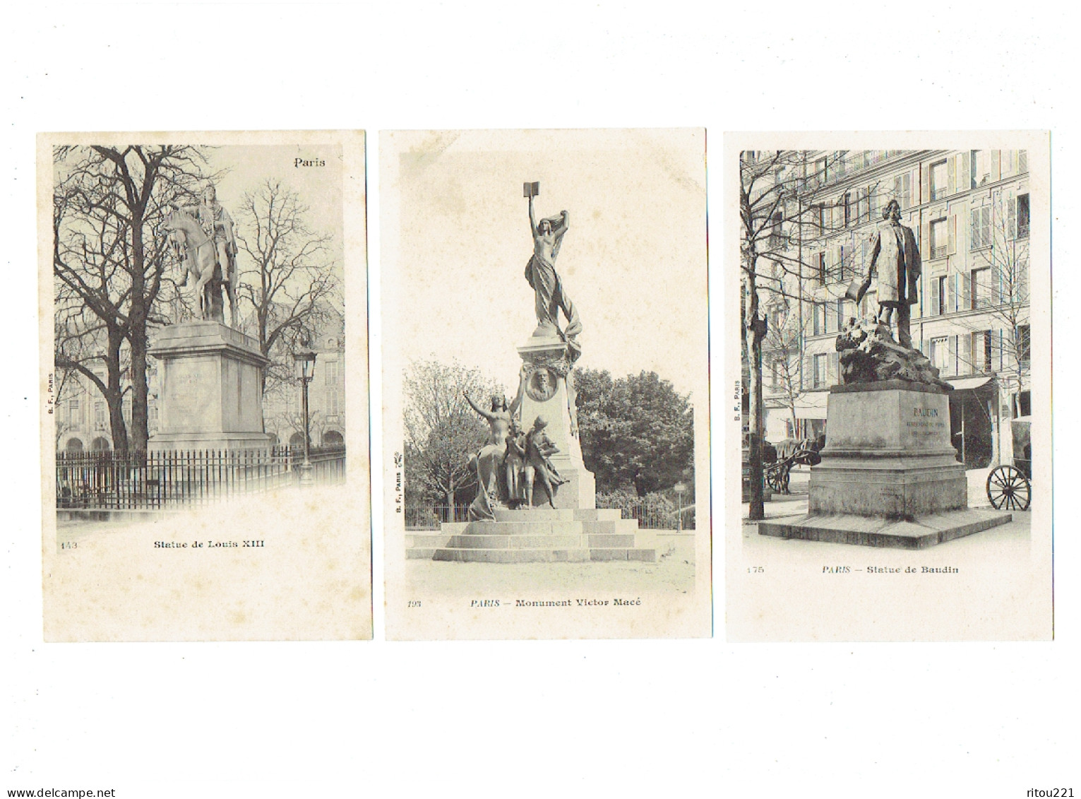 Lot 3 Cpa - 75 - PARIS - Statue - Monument Victor Macé - Baudin - Louis XIII - B.F. 143 / 175 / 193 - Cheval Réverbère - Statues