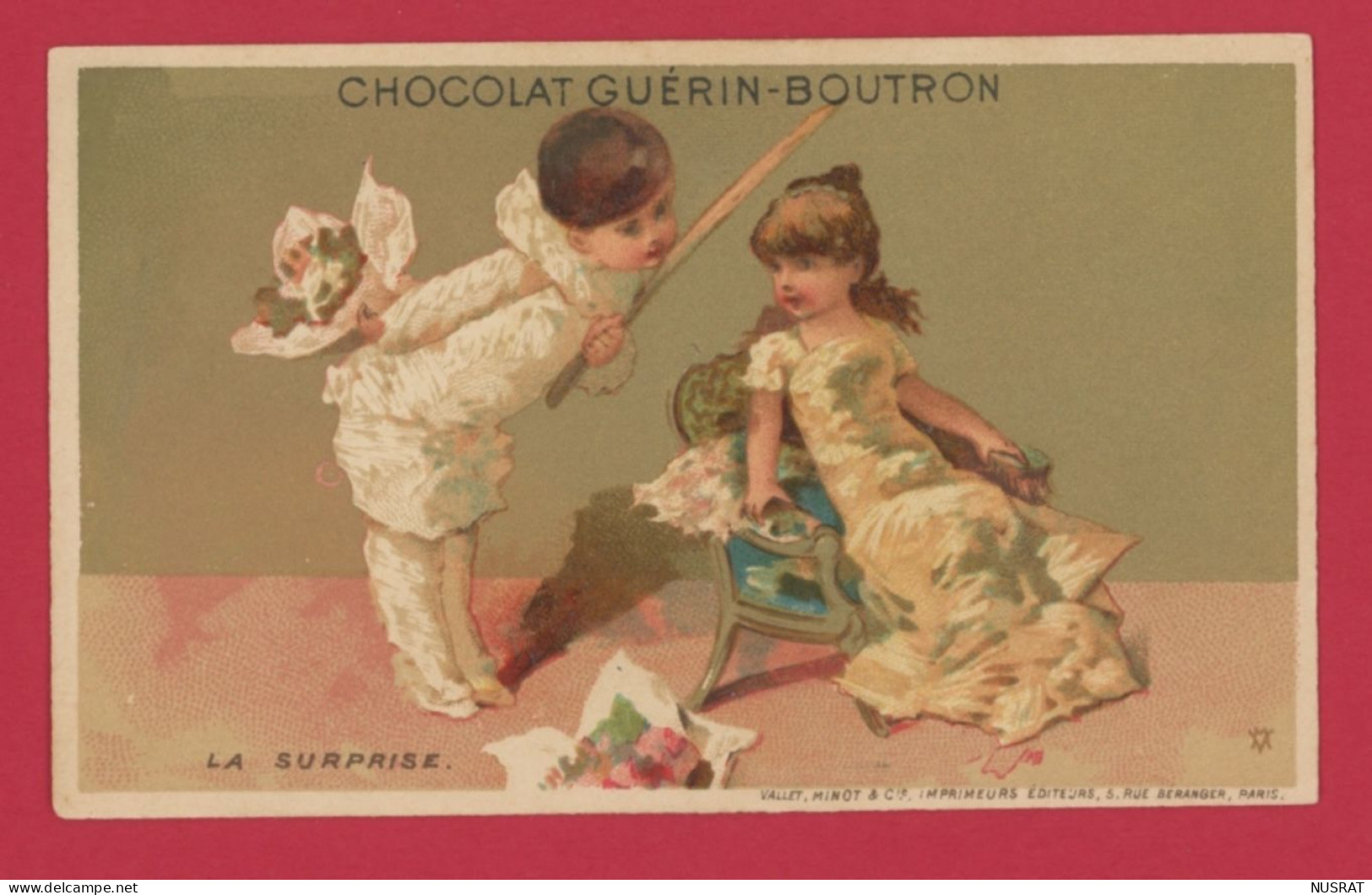 Chocolat Guérin Boutron, Jolie Chromo Lith. Vallet Minot, Pierrot, Jeune Fille, Bouquet De Fleurs, La Surprise - Guerin Boutron