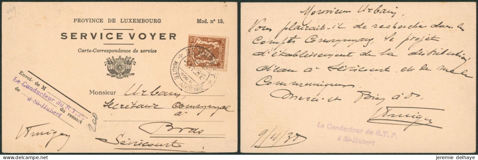 Carte-correspondance De Service (Mod. N°15) + N°424 Expédié De St-Hubert (1938) > Bra (sévicourt) - Zonder Portkosten