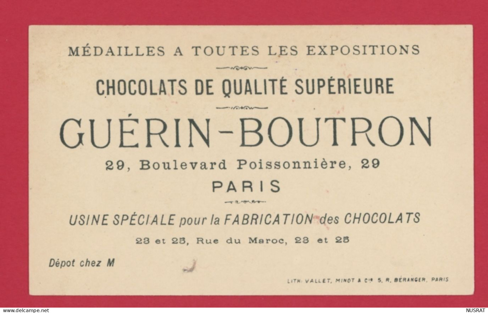 Chocolat Guérin Boutron, Jolie Chromo Lith. Vallet Minot, Personnages, L'oiseleur - Guérin-Boutron