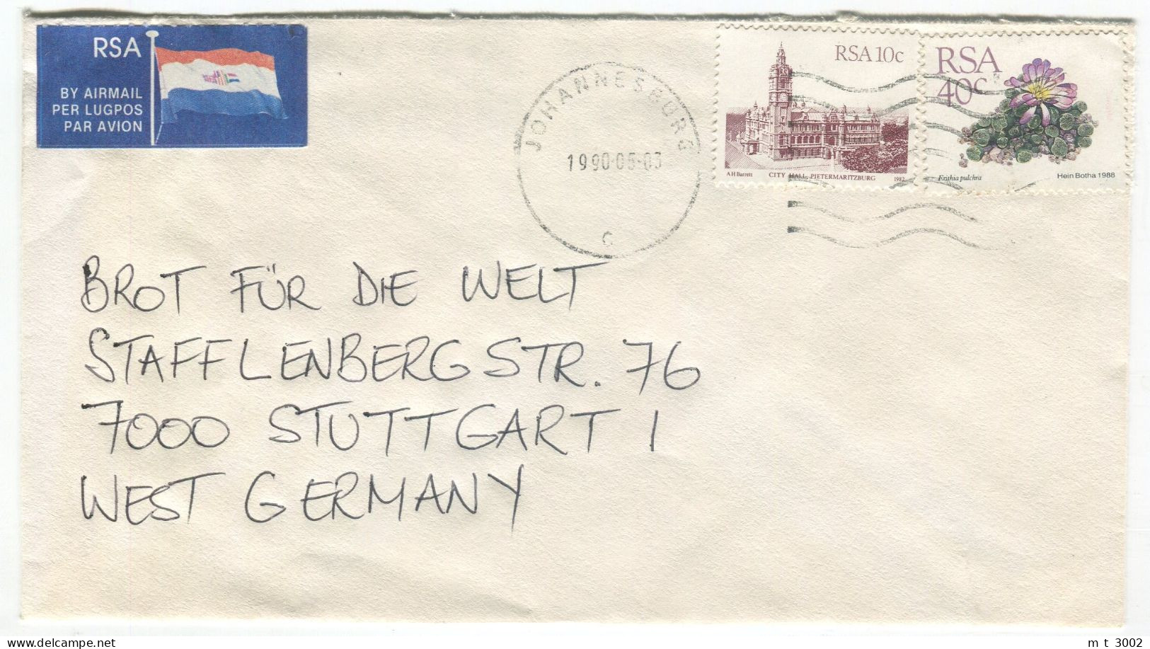 Cover South Africa 1990 Johannesburg City Hall Pietermaritzburg Frithia Pulchra - Storia Postale