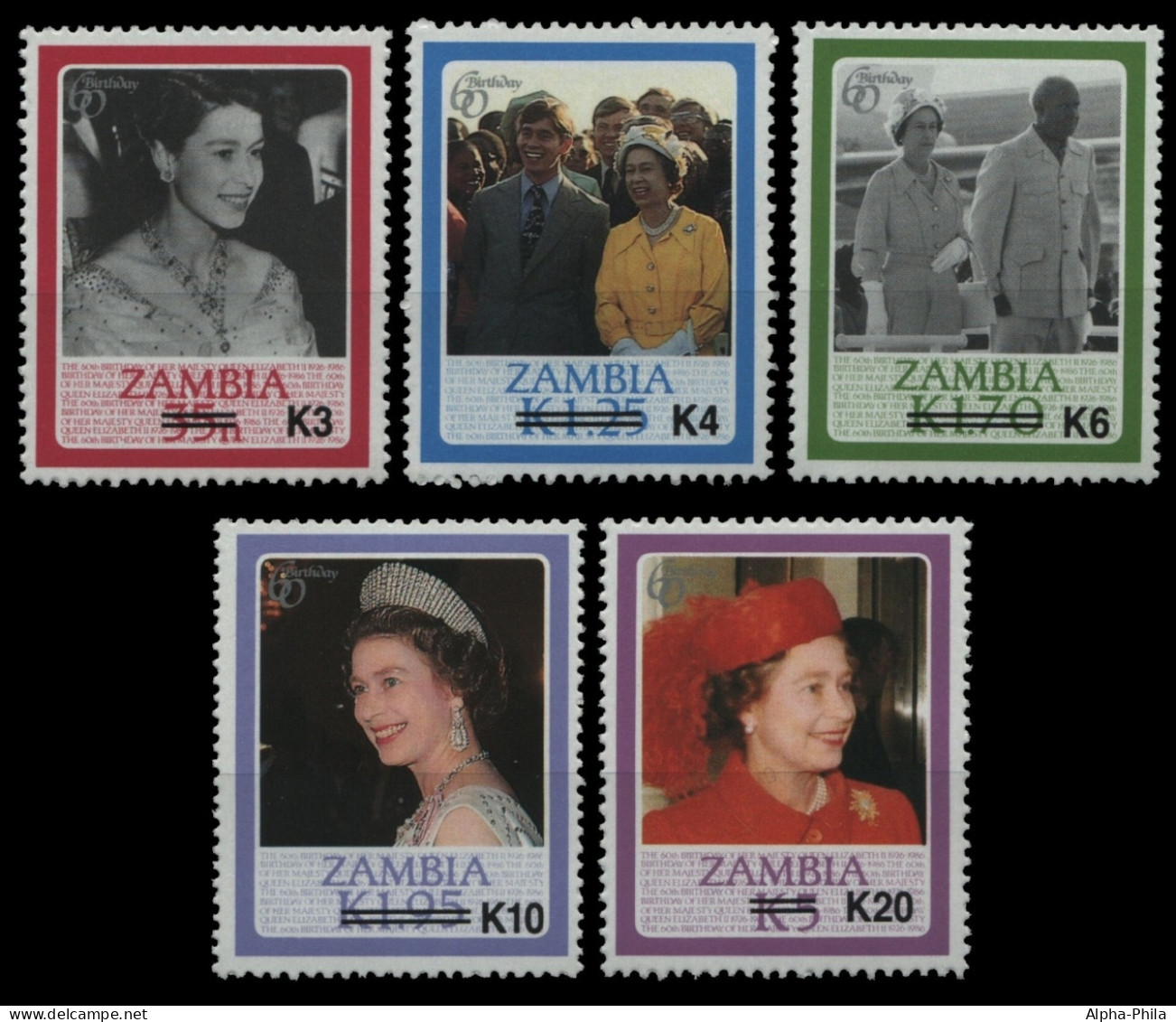 Sambia 1987 - Mi-Nr. 409, 412, 415, 419 & 422 ** - MNH - Queen Elizabeth - Aufdruck - Zambie (1965-...)
