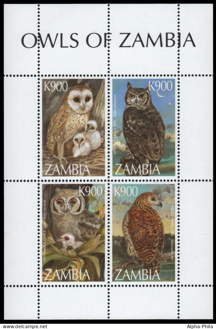 Sambia 1997 - Mi-Nr. 732-735 ** - MNH - Kleinbogen - Eulen / Owls - Zambie (1965-...)