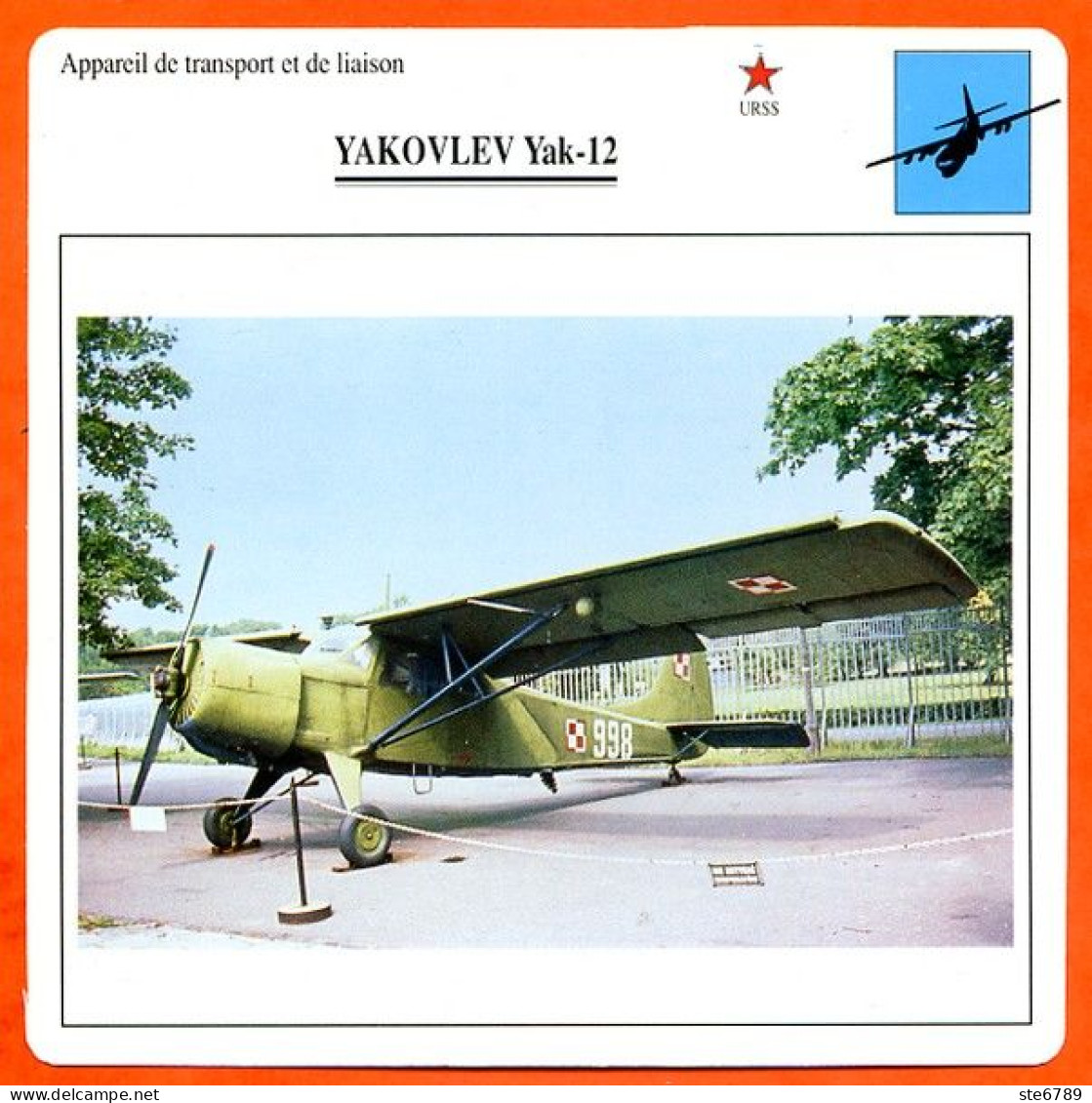 Fiche Aviation YAKOVLEV Yak 12 / Avion Transport Et Liaison URSS Avions - Avions