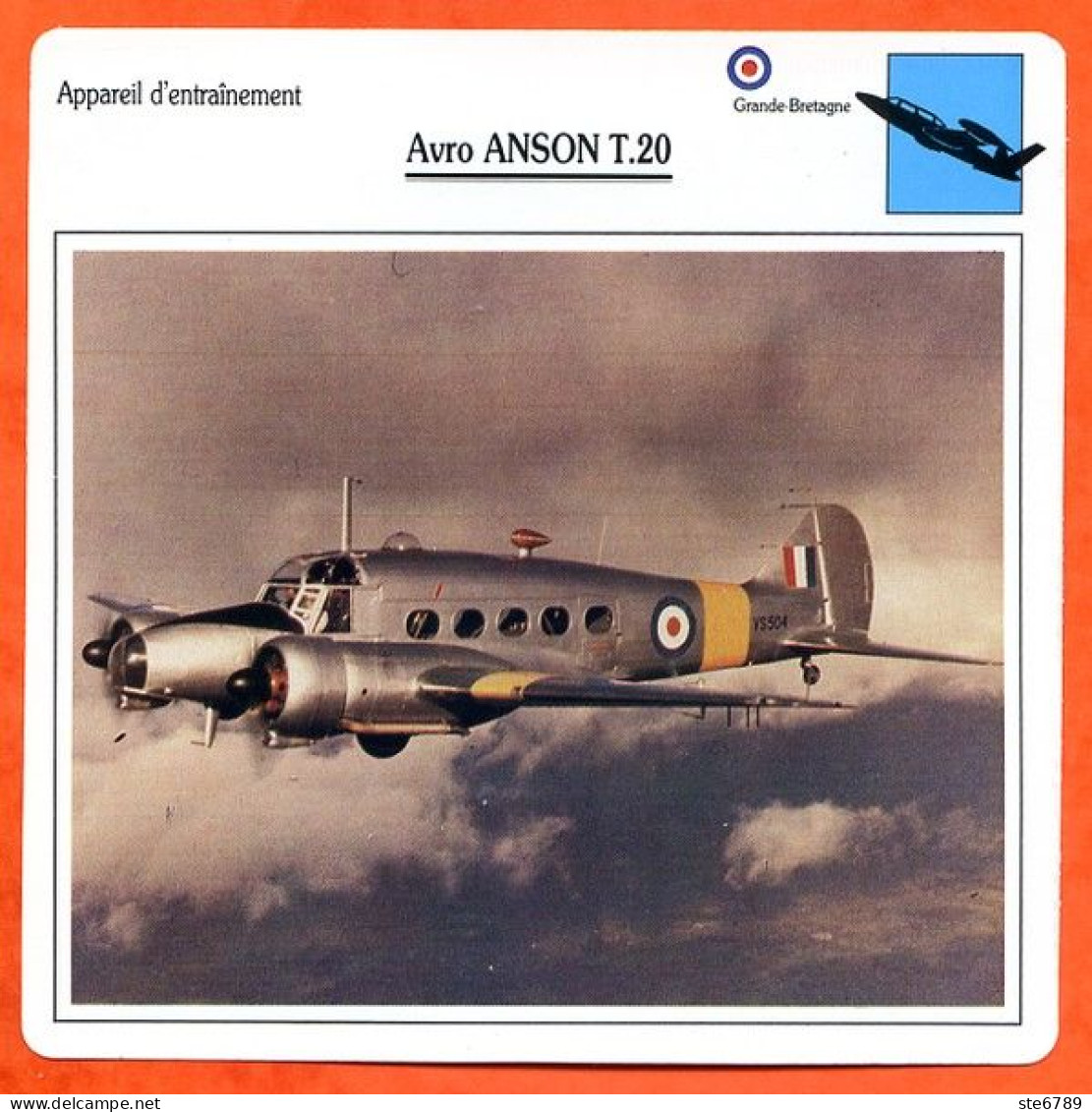 Fiche Aviation Avro ANSON T 20   / Avion Appareil D'entrainement UK Avions - Avions