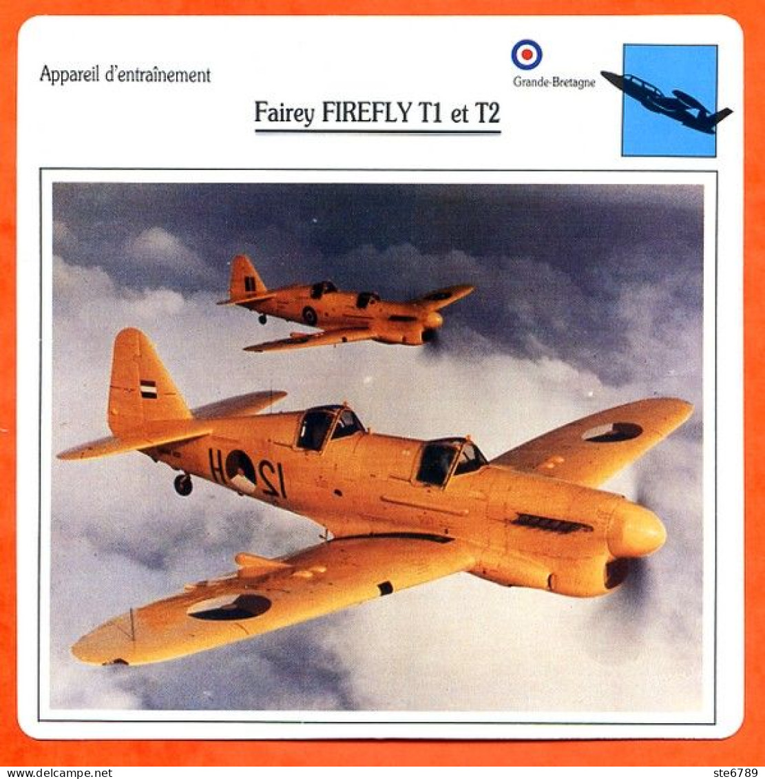 Fiche Aviation Fairey FIREFLY T1 Et T2 / Avion Appareil D'entrainement UK Avions - Airplanes
