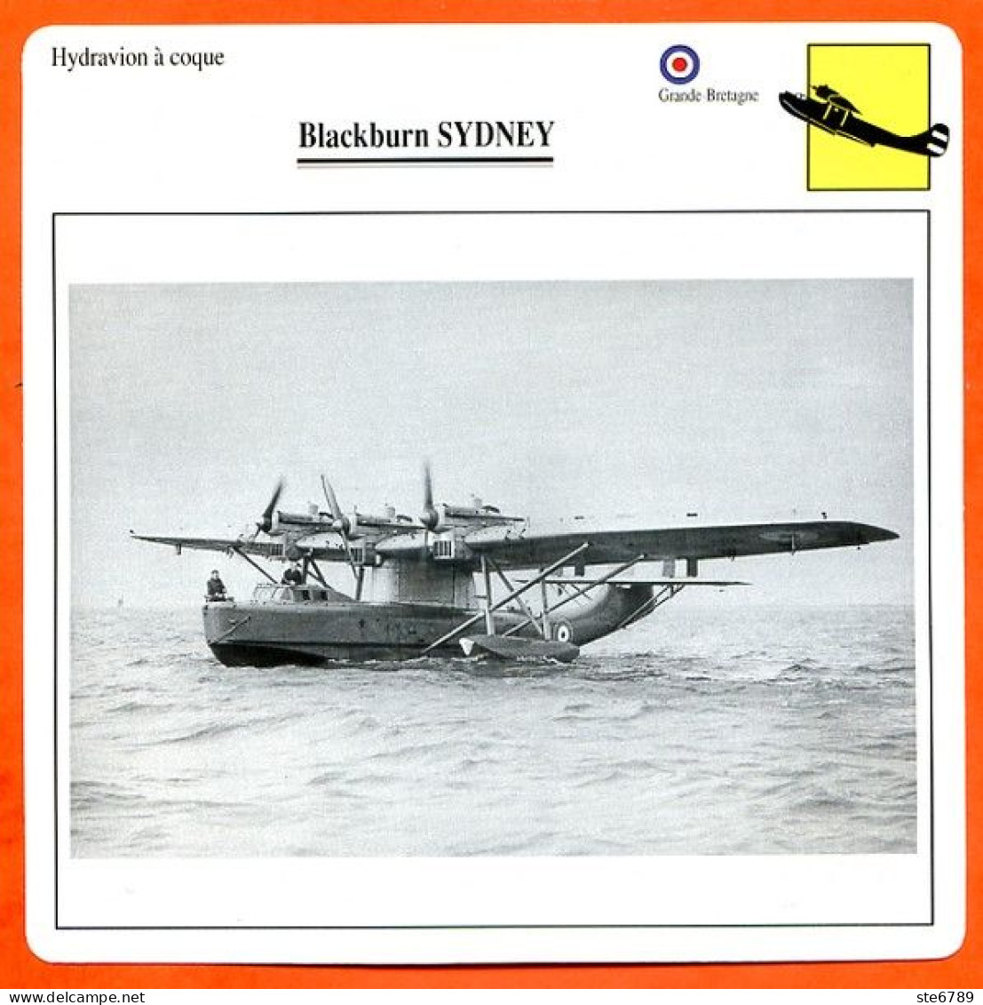 Fiche Aviation Blackburn SYDNEY / Hydravion à Coque Avion UK Avions - Airplanes