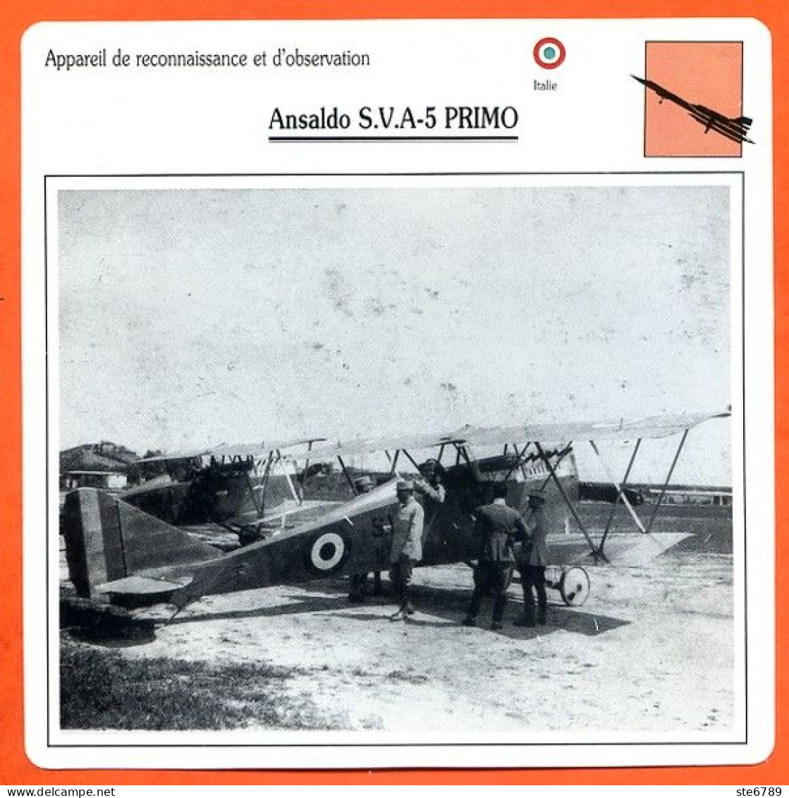 Fiche Aviation Ansaldo SVA 5 PRIMO  / Avion Reconnaissance Et Observation Italie  Avions - Vliegtuigen