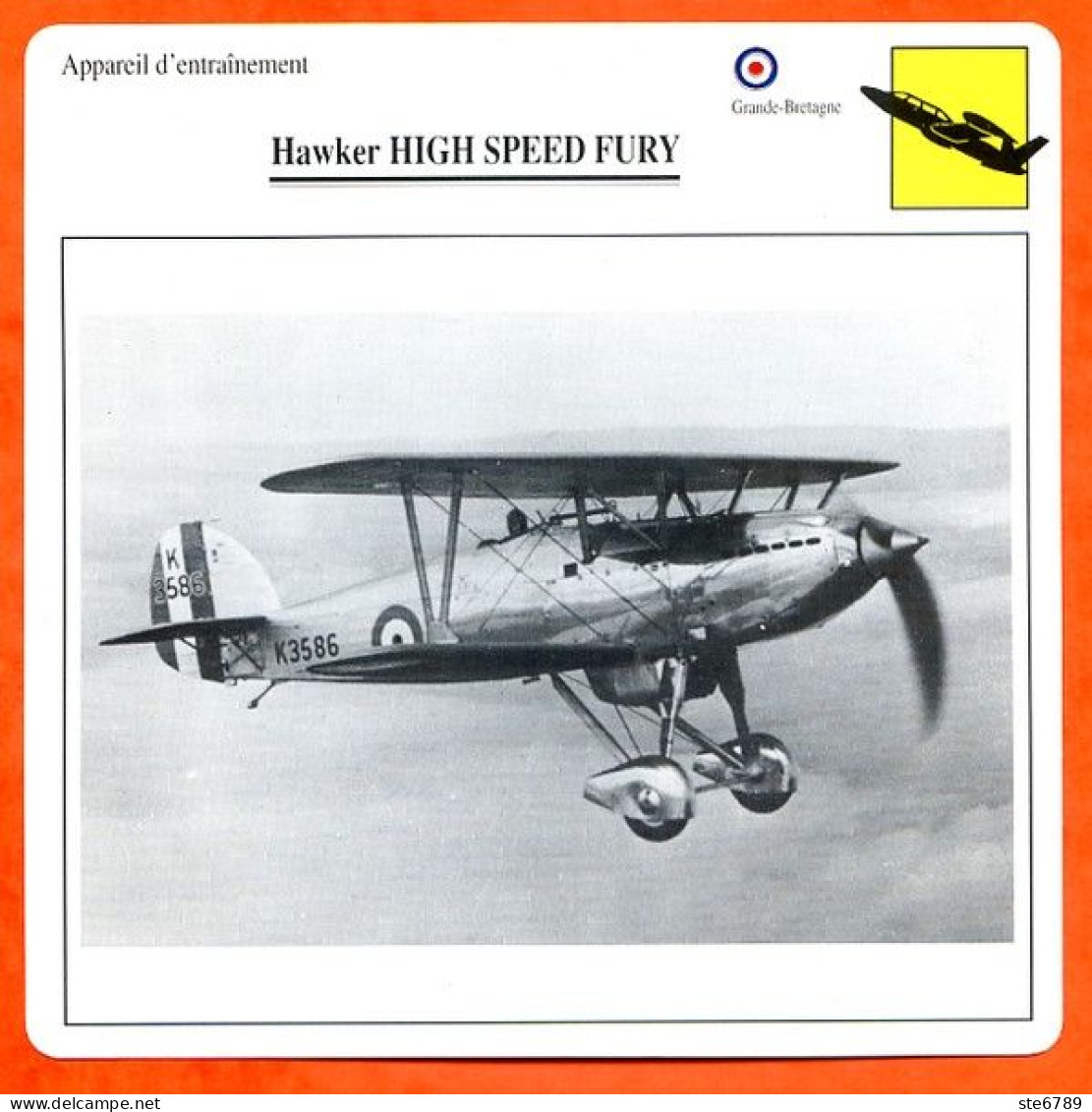 Fiche Aviation Hawker HIGH SPEED FURY  / Avion Appareil D'entrainement UK Avions - Avions