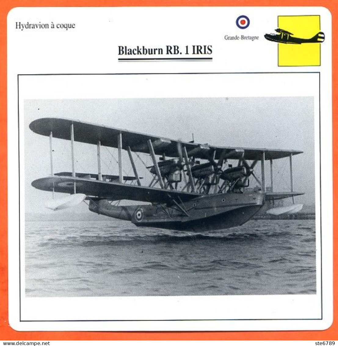 Fiche Aviation Hydravion à Coque Blackburn RB 1 IRIS  / UK  Avions - Vliegtuigen