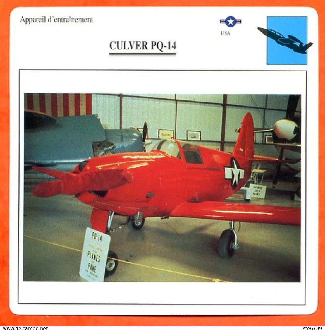 Fiche Aviation CULVER PQ 14   / Avion Appareil D'entrainement USA Avions - Aviones