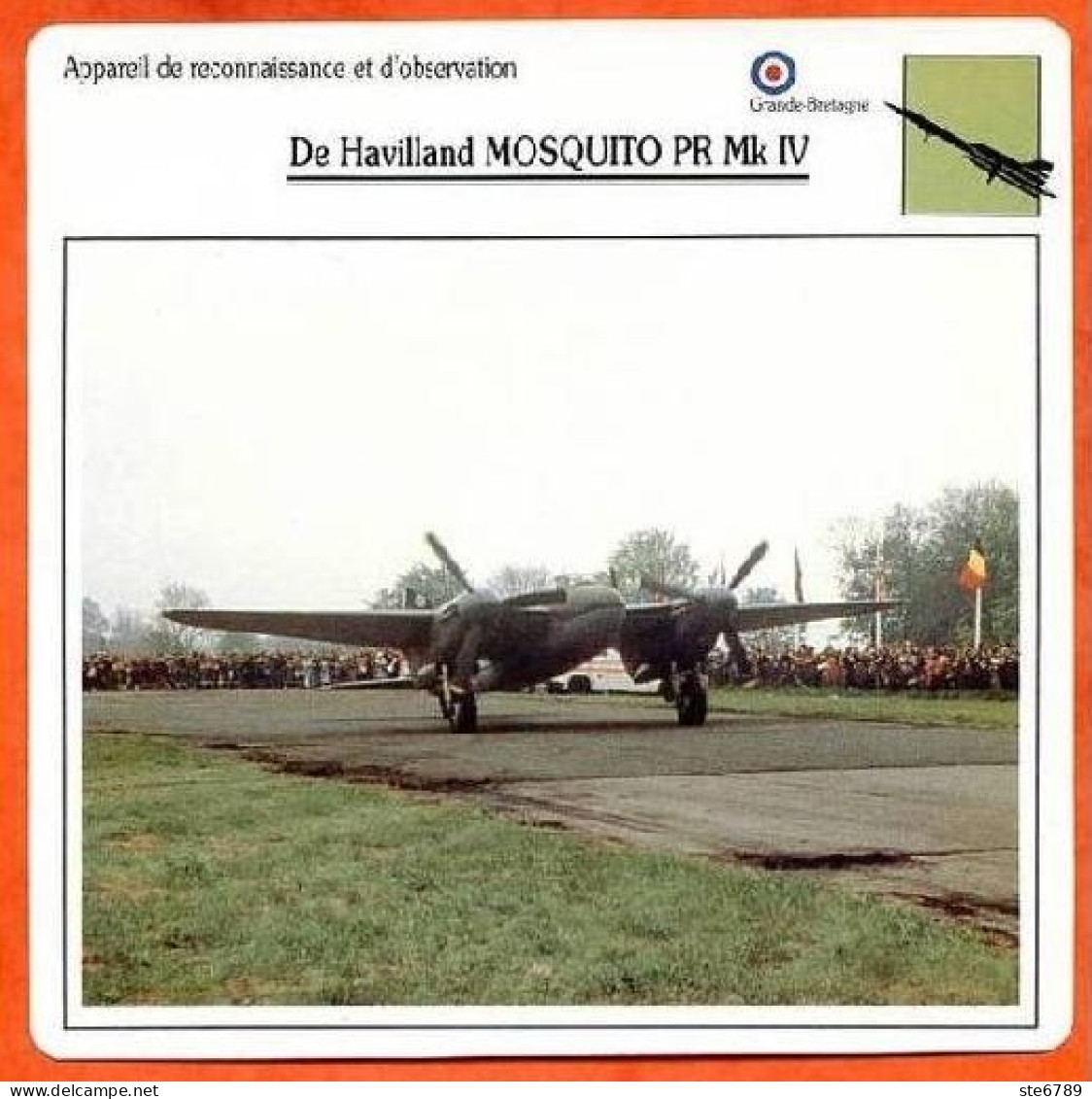 Fiche Aviation DE HAVILLAND MOSQUITO PR MK IV / Avion Reconnaissance Et Observation UK Avions - Vliegtuigen