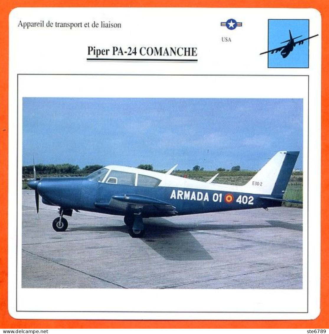 Fiche Aviation Piper PA 24 COMANCHE / Avion Transport Et Liaison USA Avions - Vliegtuigen