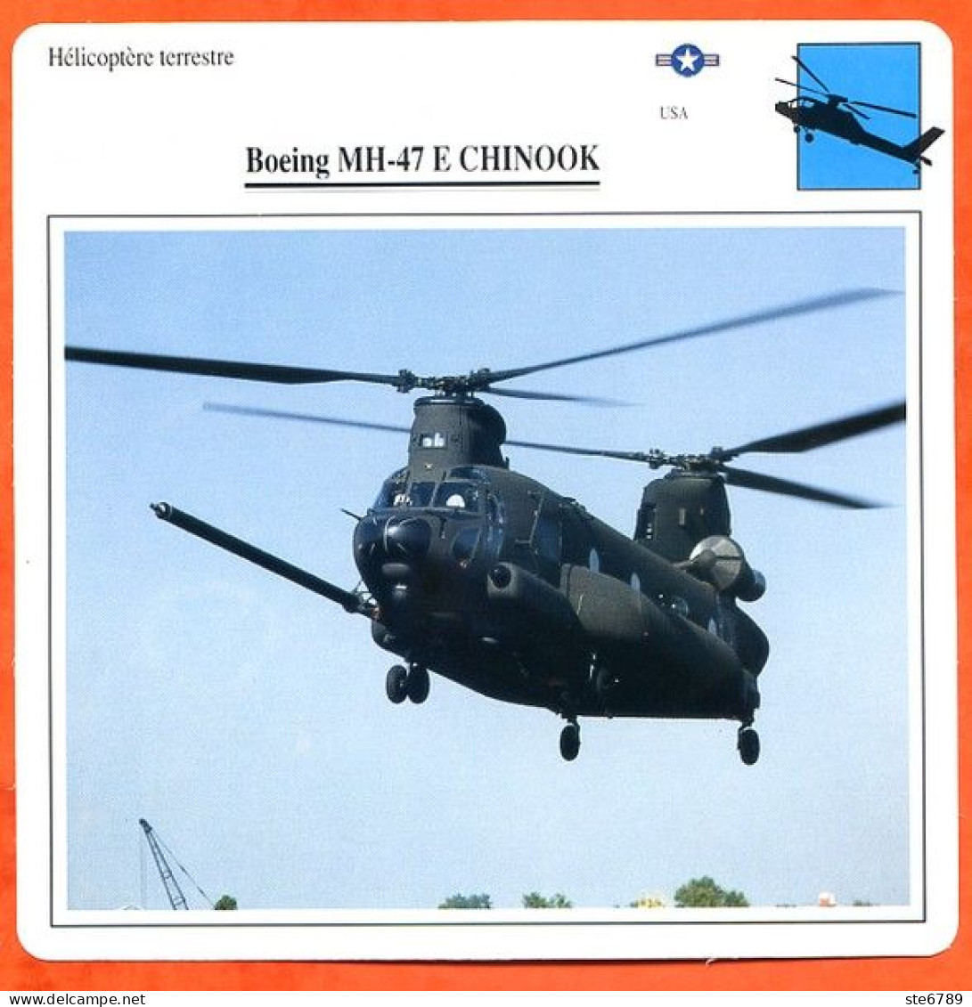 Fiche Aviation Boeing MH 47 E CHINOOK  / Hélicoptère Terrestre USA  Avions - Aerei